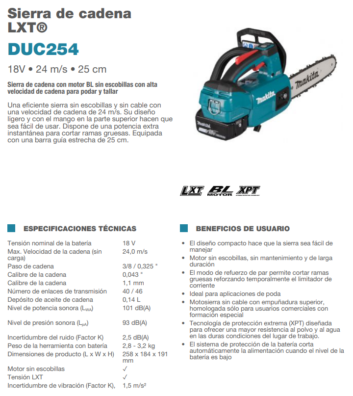 Motosserra Makita LXT DUC254