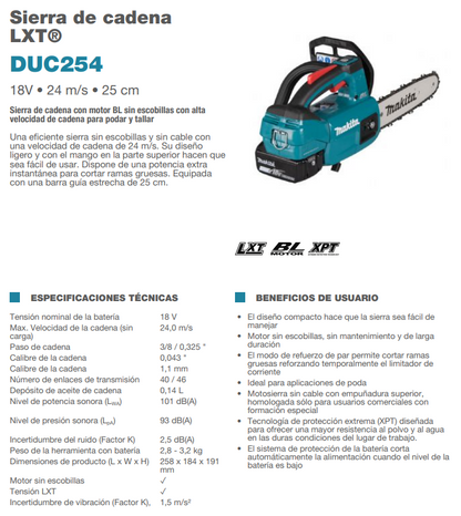 Sierra de cadena MAKITA LXT DUC254