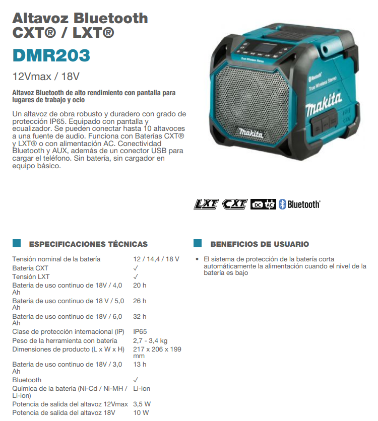 Altavoz Bluetooth MAKITA CXT / LXT DMR203