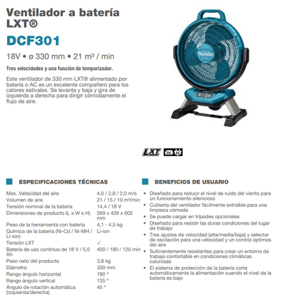 Ventilador de bateria Makita LXT DCF301 
