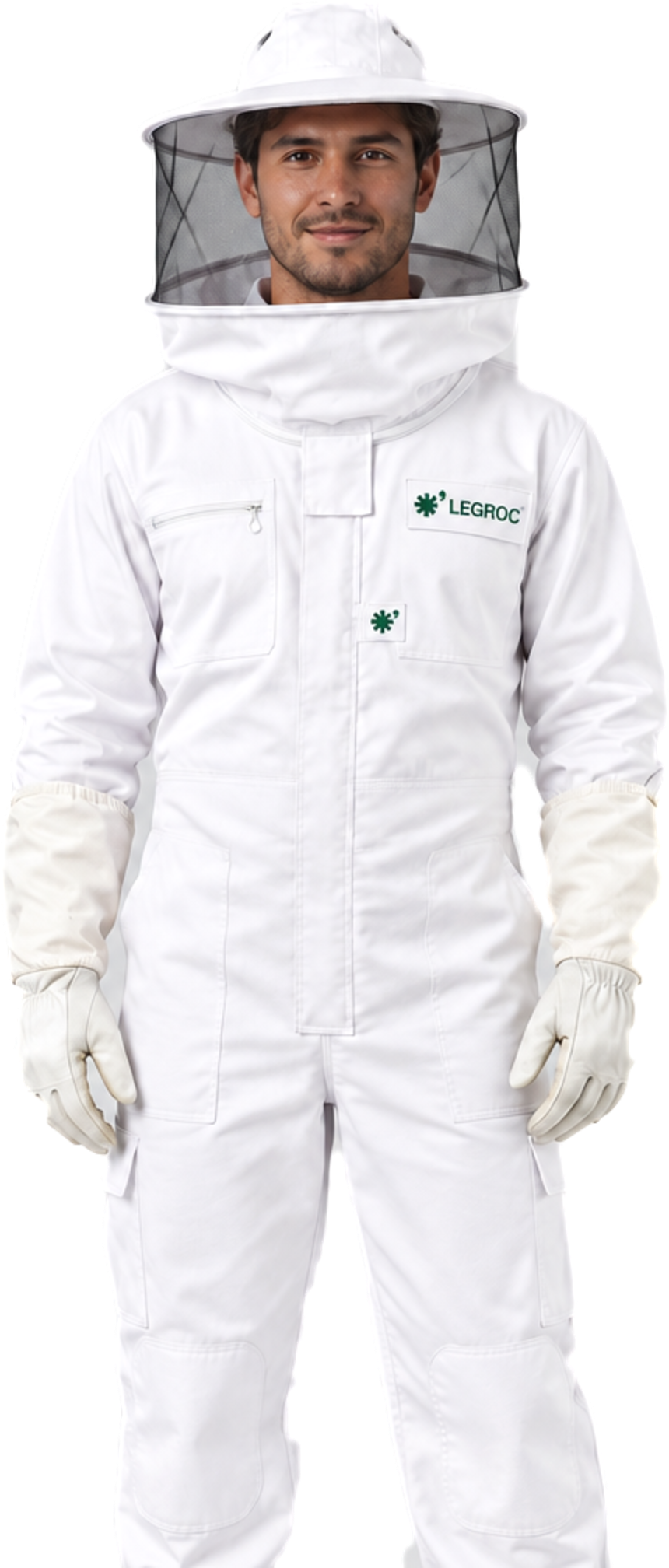 Apicultor con mono LEGROC, careta y guantes