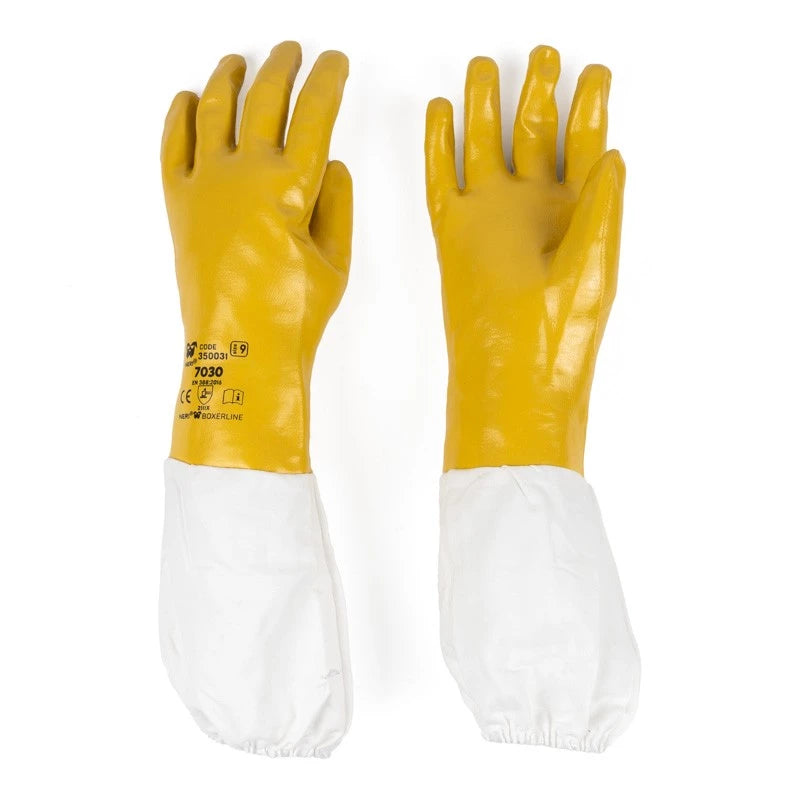 Yellow coated nitrile gloves