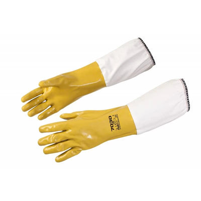 Yellow coated nitrile gloves
